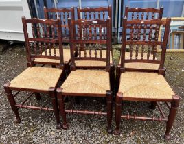 SET OF 6 STAINED OAK KITCHEN CHAIRS WITH SPINDLE BACKS & RUSHWORK SEATS