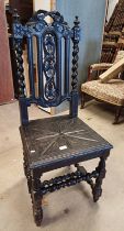 19TH CENTURY EBONISED HALL CHAIR WITH CARVED BARLEY TWIST DECORATION