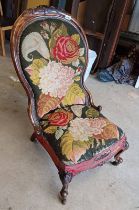 19TH CENTURY CARVED ROSEWOOD FRAMED LADIES CHAIR WITH FLORAL TAPESTRY BACK & SEAT ON CABRIOLE