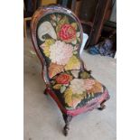 19TH CENTURY CARVED ROSEWOOD FRAMED LADIES CHAIR WITH FLORAL TAPESTRY BACK & SEAT ON CABRIOLE