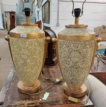 PAIR OF CREAM & GILT DECORATIVE TABLE LAMPS ON CIRCULAR BASES Condition Report: Both