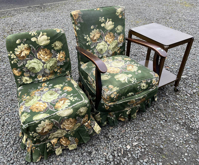 OVERSTUFFED NURSING CHAIR ON EBONISED SUPPORTS, MAHOGANY FRAMED OPEN ARMCHAIR,