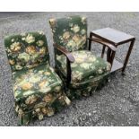 OVERSTUFFED NURSING CHAIR ON EBONISED SUPPORTS, MAHOGANY FRAMED OPEN ARMCHAIR,