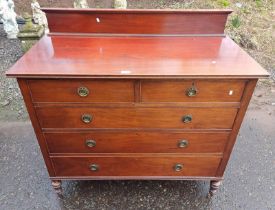 LATE 19TH CENTURY MAHOGANY RAIL BACK CHEST OF 2 SHORT OVER 3 LONG DRAWERS ON TURNED SUPPORTS.