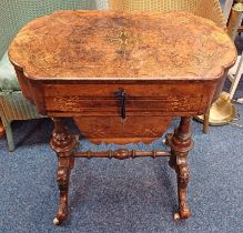 19TH CENTURY INLAID BURR WALNUT SEWING TABLE WITH FLIP-UP TOP & SHAPED SUPPORTS WITH CARVED