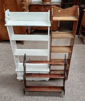 PAINTED 4 TIER WHAT-NOT WITH 4 DRAWERS TO BASE & DECORATION FRET WORK SIDES & OAK OPEN BOOKCASE,