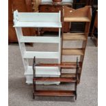 PAINTED 4 TIER WHAT-NOT WITH 4 DRAWERS TO BASE & DECORATION FRET WORK SIDES & OAK OPEN BOOKCASE,
