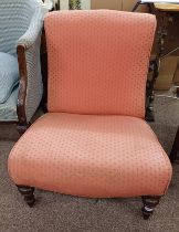 19TH CENTURY MAHOGANY FRAMED OVERSTUFFED NURSING CHAIR & TURNED SUPPORTS