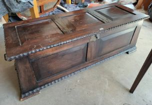 19TH CENTURY MAHOGANY COFFER WITH SHAPED TOP & METAL FIXTURE.