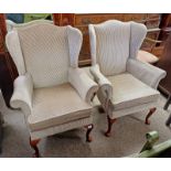 PAIR OF PARKER KNOLL OVERSTUFFED WINGBACK ARMCHAIRS ON SHORT QUEEN ANNE SUPPORTS