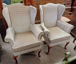 PAIR OF PARKER KNOLL OVERSTUFFED WINGBACK ARMCHAIRS ON SHORT QUEEN ANNE SUPPORTS