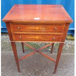 CROSSBANDED MAHOGANY SIDE TABLE WITH 2 DRAWERS WITH DECORATIVE BOXWOOD INLAY ON SQUARE TAPERED