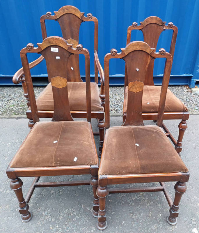 SET OF 4 EARLY 20TH CENTURY MAHOGANY & WALNUT DINING CHAIRS INCLUDING ONE ARMCHAIR ON TURNED