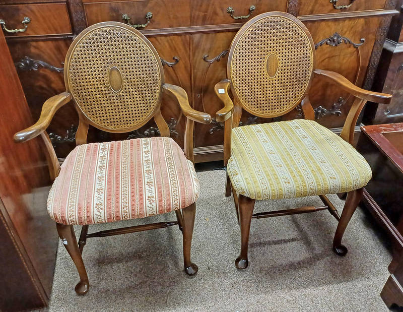 2 20TH CENTURY MAHOGANY OPEN ARMCHAIRS WITH BERGERE PANEL BACKS ON QUEEN ANNE SUPPORTS