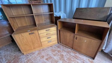 TEAK BOOKCASE WITH OPEN SHELVES OVER 2 SLIDING PANEL DOORS & 1 OTHER CABINET Condition