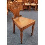 19TH CENTURY OAK HALL CHAIR WITH DECORATIVE CARVED BACK ON TURNED SUPPORTS Condition