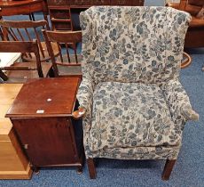 MAHOGANY FRAMED WINGBACK ARMCHAIR & MAHOGANY SINGLE DOOR BEDSIDE CABINET