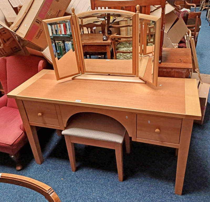 21ST CENTURY BEECH DRESSING TABLE WITH TRIPTYCH MIRROR & 2 DRAWERS & STOOL