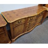 LATE 20TH CENTURY INLAID YEW SIDEBOARD WITH SHAPED FRONT & FOUR CENTRALLY SET DRAWERS FLANKED ON
