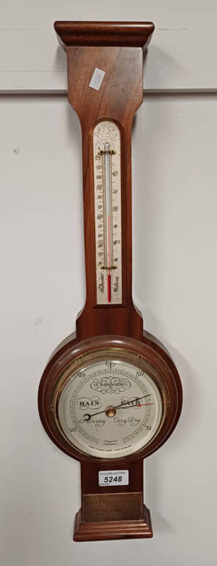 20TH CENTURY MAHOGANY CASED ANEROID BAROMETER WITH PLAQUE SIGNED 'FROM THE CONGREGATION OF GIFFNOCK