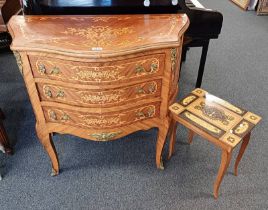 20TH CENTURY INLAID KINGWOOD BOMBE CHEST OF 3 DRAWERS WITH SHAPED FRONT & BRASS ORMOLU MOUNTS AND