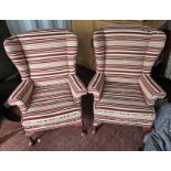 PAIR OF MAHOGANY FRAMED WINGBACK ARMCHAIRS ON QUEEN ANNE SUPPORTS