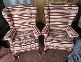 PAIR OF MAHOGANY FRAMED WINGBACK ARMCHAIRS ON QUEEN ANNE SUPPORTS