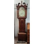 19TH CENTURY MAHOGANY GRANDFATHER CLOCK WITH PAINTED DIAL WITH CLASSICAL SCENE DECORATION SIGNED