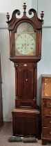 19TH CENTURY MAHOGANY GRANDFATHER CLOCK WITH PAINTED DIAL WITH CLASSICAL SCENE DECORATION SIGNED