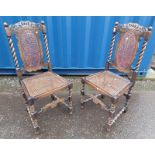 PAIR OF CARVED OAK HAND CHAIRS WITH BARLEY TWIST DECORATION & BERGERE PANEL BACKS & SEATS