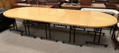 LARGE BEECH WOOD D-END CONFERENCE TABLE IN 5 SECTIONS ON METAL SUPPORTS,
