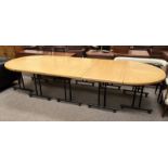 LARGE BEECH WOOD D-END CONFERENCE TABLE IN 5 SECTIONS ON METAL SUPPORTS,