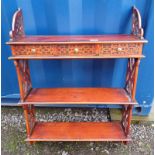 MAHOGANY WALL HANGING WHAT-NOT WITH 3 DRAWERS & DECORATIVE FRET WORK ENDS.