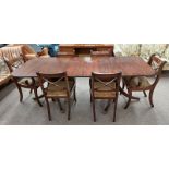 20TH CENTURY MAHOGANY TWIN PEDESTAL DINING TABLE WITH EXTRA LEAF & SET OF 6 INLAID MAHOGANY DINING