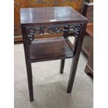 EASTERN HARDWOOD POT STAND WITH DECORATIVE FRET WORK & UNDERSHELF,