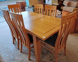 MORRIS FURNITURE EXTENDING DINING TABLE WITH INSET TOP & EXTRA LEAF ON SQUARE SUPPORTS & MATCHING