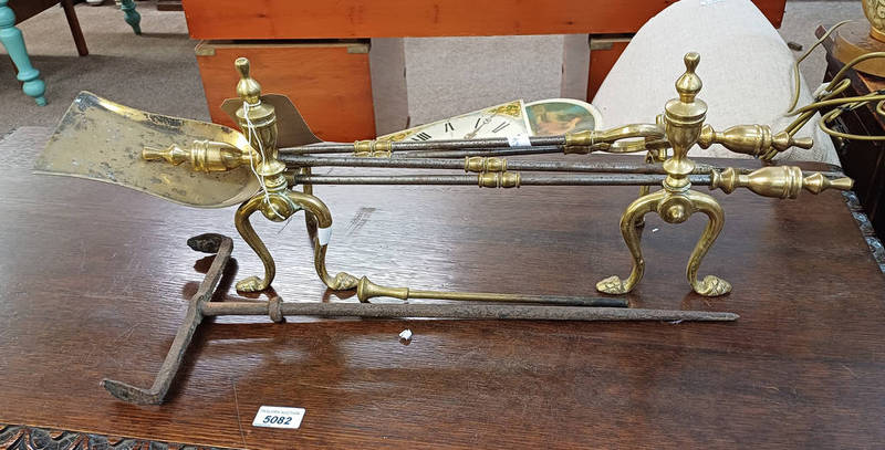 PAIR OF BRASS FIRE DOGS & 5 PIECE BRASS FIRE IRON SET