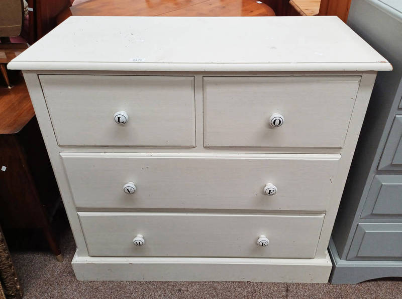 PAINTED PINE CHEST OF 2 SHORT OVER 2 LONG DRAWERS ON PLINTH BASE,