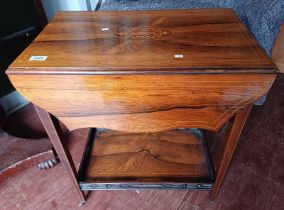 LATE 19TH CENTURY INLAID ROSEWOOD 2 TIER TROLLEY WITH 2 SHAPED DROP FLAPS ON SQUARE TAPERED