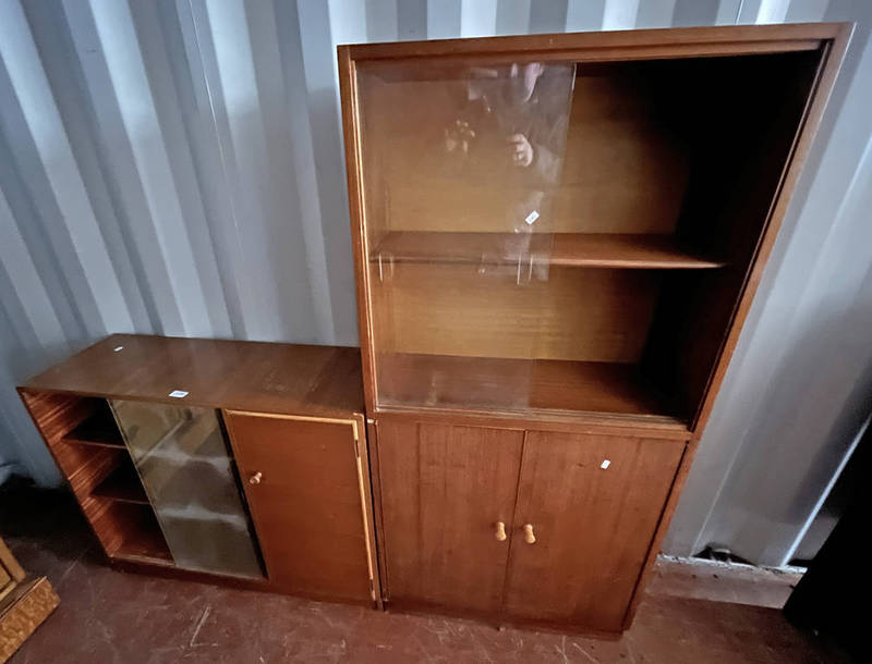 TEAK CABINET WITH 2 SLIDING GLASS DOORS OVER 2 PANEL DOORS & 1 OTHER CABINET