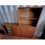 TEAK CABINET WITH 2 SLIDING GLASS DOORS OVER 2 PANEL DOORS & 1 OTHER CABINET