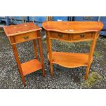 INLAID YEW WOOD OCCASIONAL TABLE WITH SINGLE DRAWER & INLAID SIDE TABLE WITH SHAPED FRONT & 2