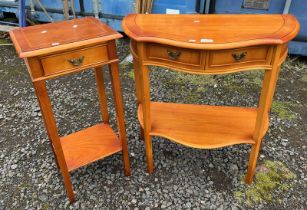 INLAID YEW WOOD OCCASIONAL TABLE WITH SINGLE DRAWER & INLAID SIDE TABLE WITH SHAPED FRONT & 2