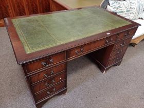 MAHOGANY TWIN PEDESTAL DESK WITH LEATHER INSET TOP, 3 FRIEZE DRAWERS OVER 2 STACKS OF 3 DRAWERS,