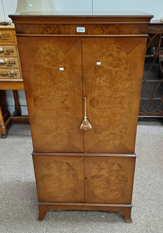 INLAID WALNUT COCKTAIL CABINET WITH 2 PANEL DOORS OPENING TO FITTED INTERIOR OVER 2 PANEL DOORS ON