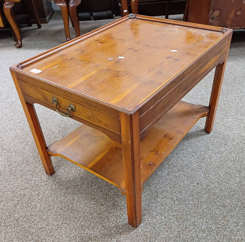 20TH CENTURY YEW LAMP TABLE WITH SINGLE DRAWER TO END & UNDER SHELF .