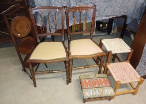 PAIR OF MAHOGANY HAND CHAIRS ON TURNED SUPPORTS, 3 TIER FOLDING CAKE STAND,