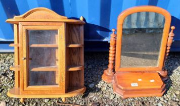 19TH CENTURY MAHOGANY DRESSING TABLE MIRROR WITH BOBBIN DECORATION & DISPLAY CABINET WITH SINGLE