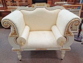 WHITE & GILT SCROLL ARM CHAIR WITH SHAPED BACK ON DECORATIVE REEDED SUPPORTS