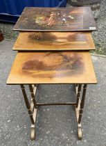 NEST OF 3 PAINTED GILT TABLES EACH WITH PAINTED CLASSICAL SCENE DECORATION ON TURNED SUPPORTS